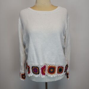 Joseph A. Granny Square Crochet Trim Sweater Size XL White Knit Pullover Cotton